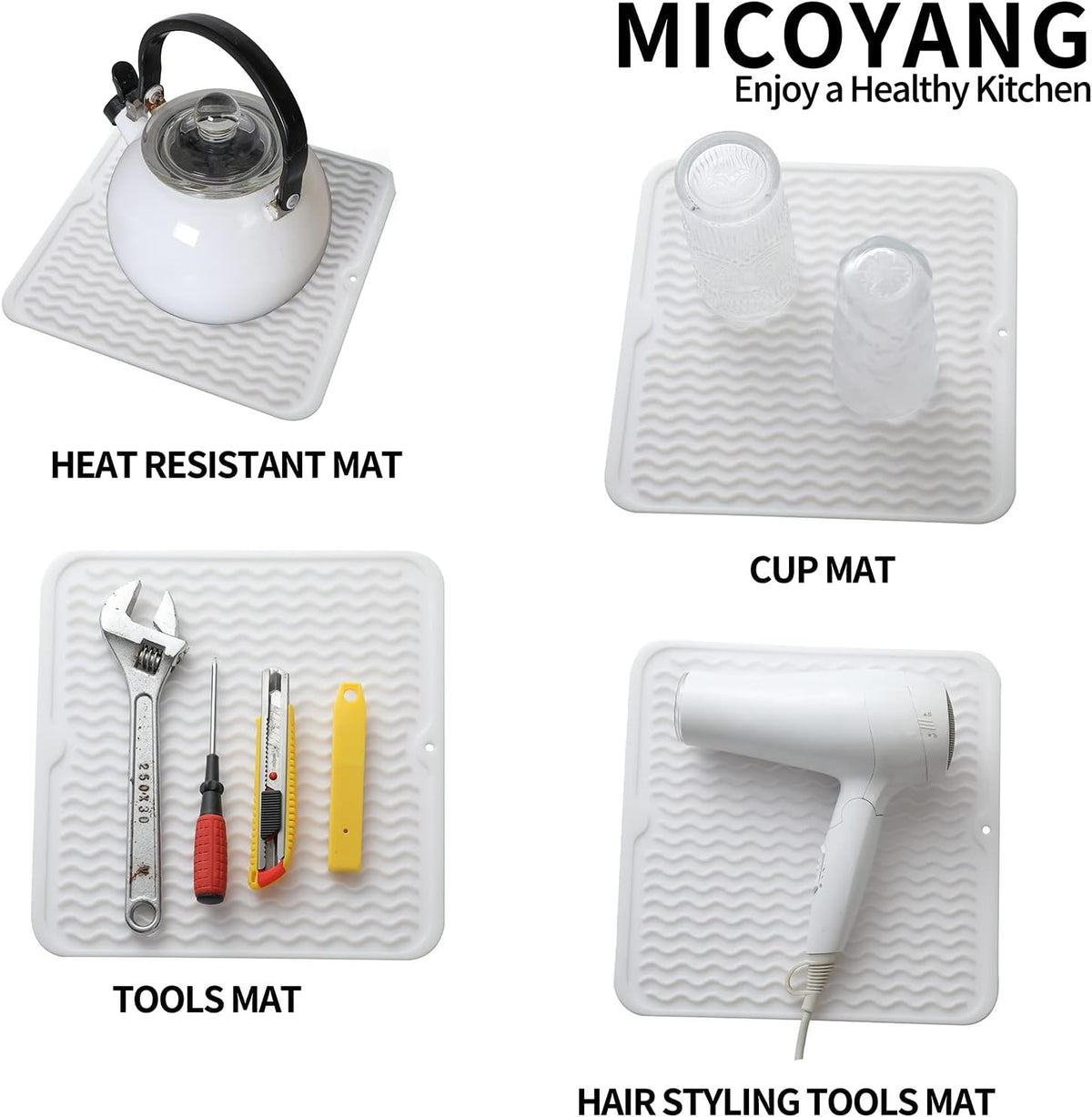 Silicone Dish Drying Mat for Multiple Usage,Easy clean,Eco-friendly,Heat-resistant Silicone Mat for Kitchen Counter or Sink,Refrigerator or Drawer liner White M 12 inches x 12 inches