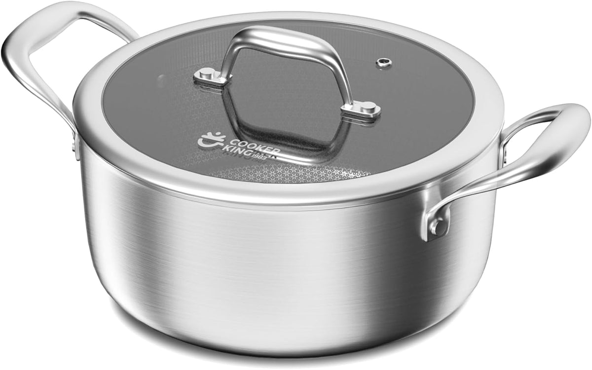 COOKER KING Stainless Steel Stockpot, 5 Quart Pot, Stock Pot with Glass Lid for Soup Pasta Vegetable, Induction Cooking Pot for All Stoves, Oven & Dishwasher Safe