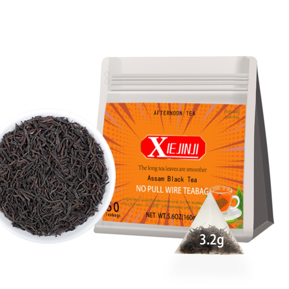 XIEJINJI Premium Assam Black Tea - Eco-Conscious Black Tea Bags - Resealable Bag - 3.2g x 50 Count - English Breakfast Tea - Repeated Brewing