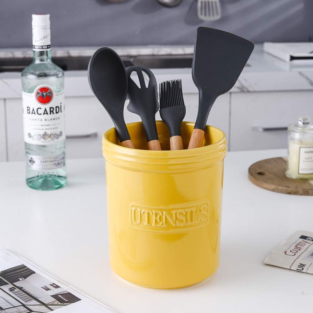 KOOV Cooking Utensil Holder, Large Ceramic Utensil Crock, Deep and Stable, Utensil Caddy for Countertop Letter Series (Yellow)