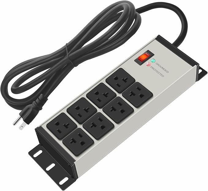 CCCEI Magnetic Heavy Duty Power Strip Surge Protector 20Amp, 12 Gauge High Amp Extension Outlets, Garage Wall Mount 8 Plug Metal Power Strip. 15FT, Grey, 5-15P Adapter 6-20R T-Slot 20a for Appliance