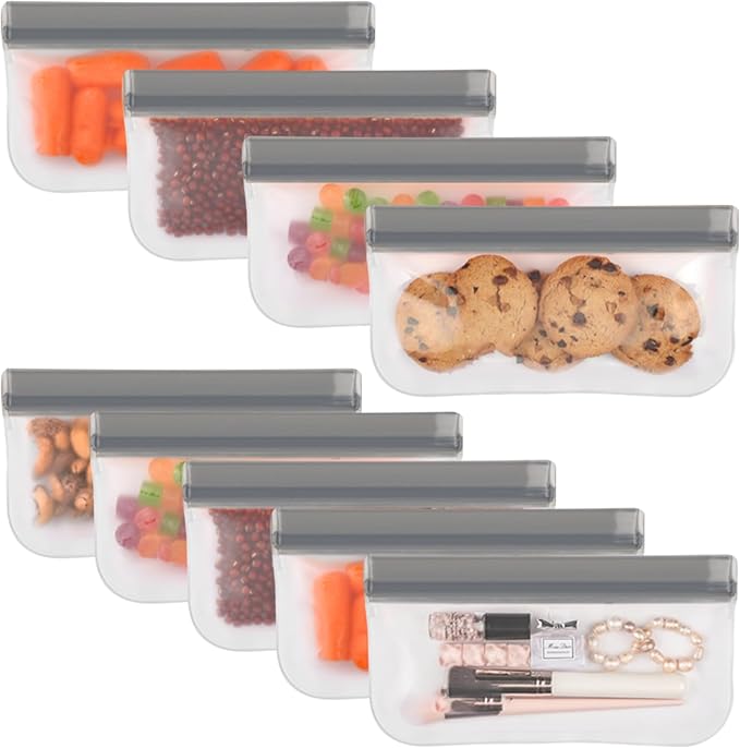 Lerine Reusable Snack Bags Dishwasher Safe, 9 Pack Food Storage Bags Extra Thick Leak-proof Reusable Bags for Candy, Snack, Sandwich, Cereal, Travel Items, Home Organization(Grey)