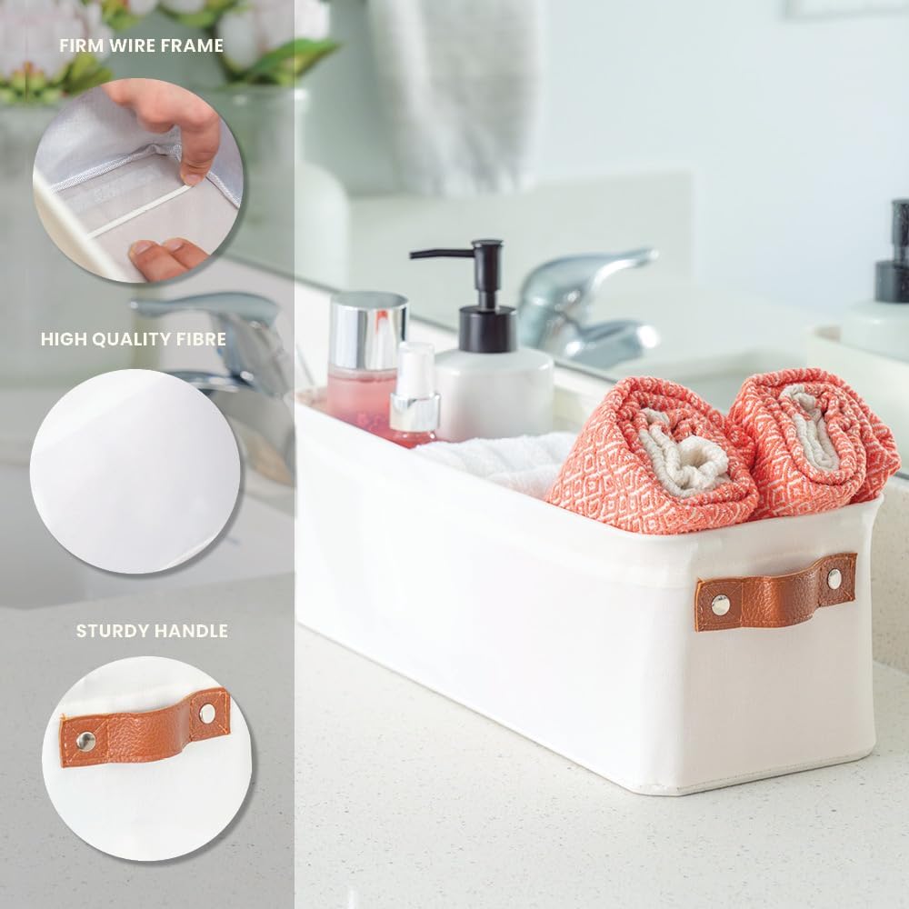 OrganiHaus Narrow Storage Bins 15x06in, Small Closet Bins for Shelves, Bathroom Storage Baskets for Shelves, Narrow Baskets, Fabric Organizer with Handles, Toilet Paper Organizer - 2 Pack, Off-White