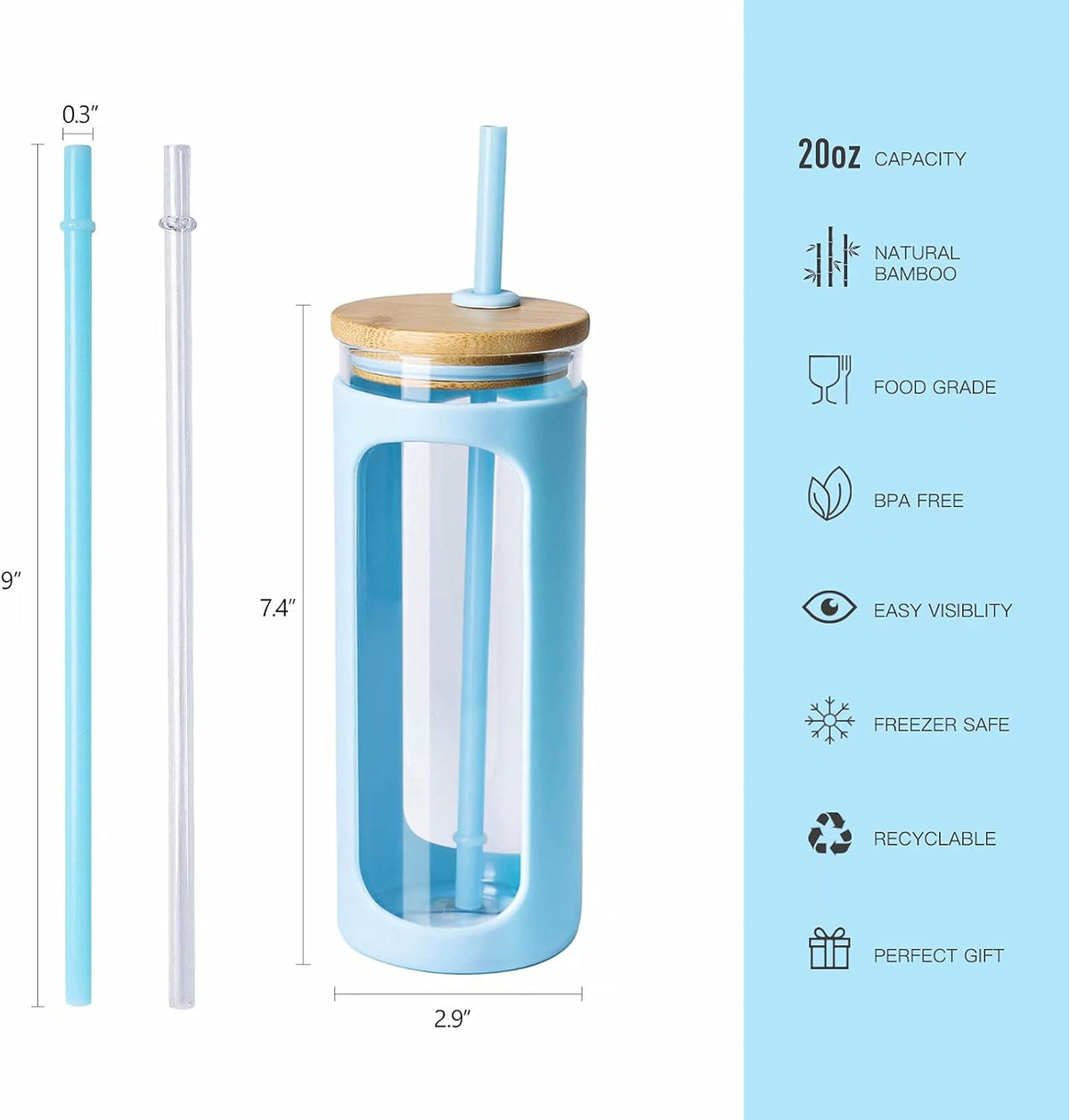 Kodrine 20oz Glass Water Tumbler with Straw and Lid, Bamboo Lids Water Bottle, Iced Coffee Cup Reusable, Wide Mouth Smoothie Cups with Protective Silicone Sleeve BPA FREE-Light Blue
