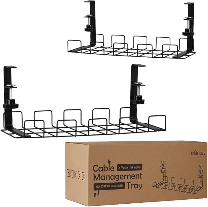 Under Desk Cable Management Trays 2 Pack, 16" Clamp Mounted Cord Organizer Holder Wire Organization No Drill Holes Needed for Computer Home Office Standing Tables to Conceal Power Strips