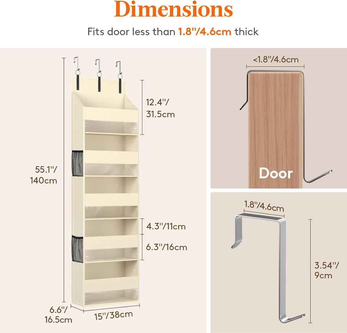 Lifewit 1 Pack Over the Door Organizer, 5 Shelf Clear Window Hanging Storage with 4 Mesh Side Pockets, Anti Tilt 40 lbs Load Behind Door for Pantry, Nursery, Bathroom, Bedroom, Kitchen, Dorm, Beige