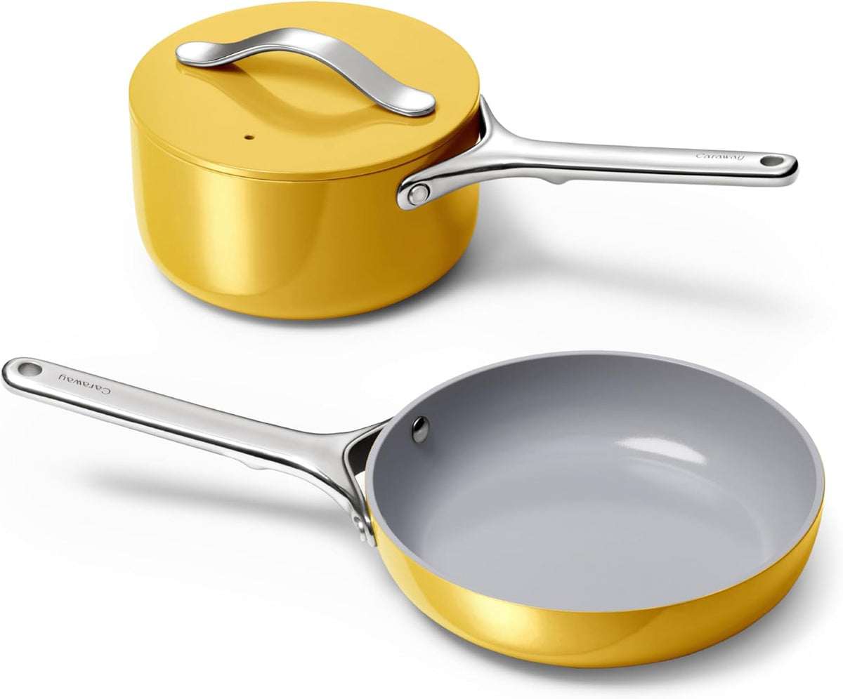 Caraway Mini Cookware Set - Non-Stick Ceramic Fry Pan (1.05 qt, 8") & Sauce Pan (1.75 qt) - Non Toxic, PTFE & PFOA Free - Oven Safe & Stovetop Agnostic (Gas, Electric & Induction) - Marigold