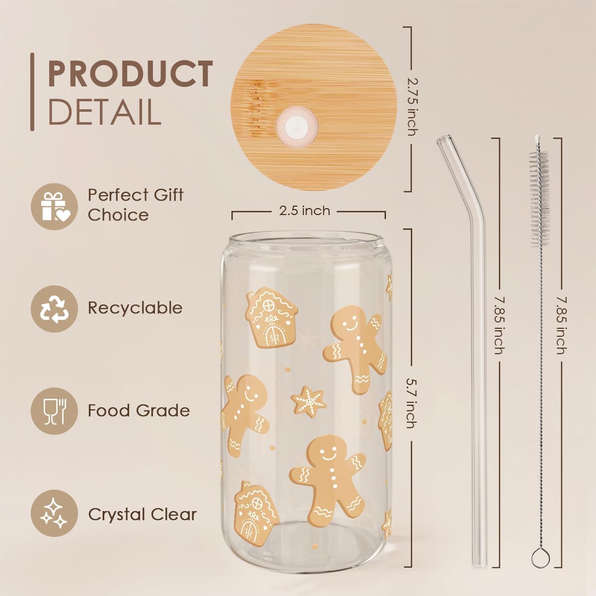 Gingerbread Christmas 16oz Can Glass Tumbler with Bamboo Lid & Straw - Iced Coffee Cup for Women Girls, Aesthetic Cups Gifts for Xmas