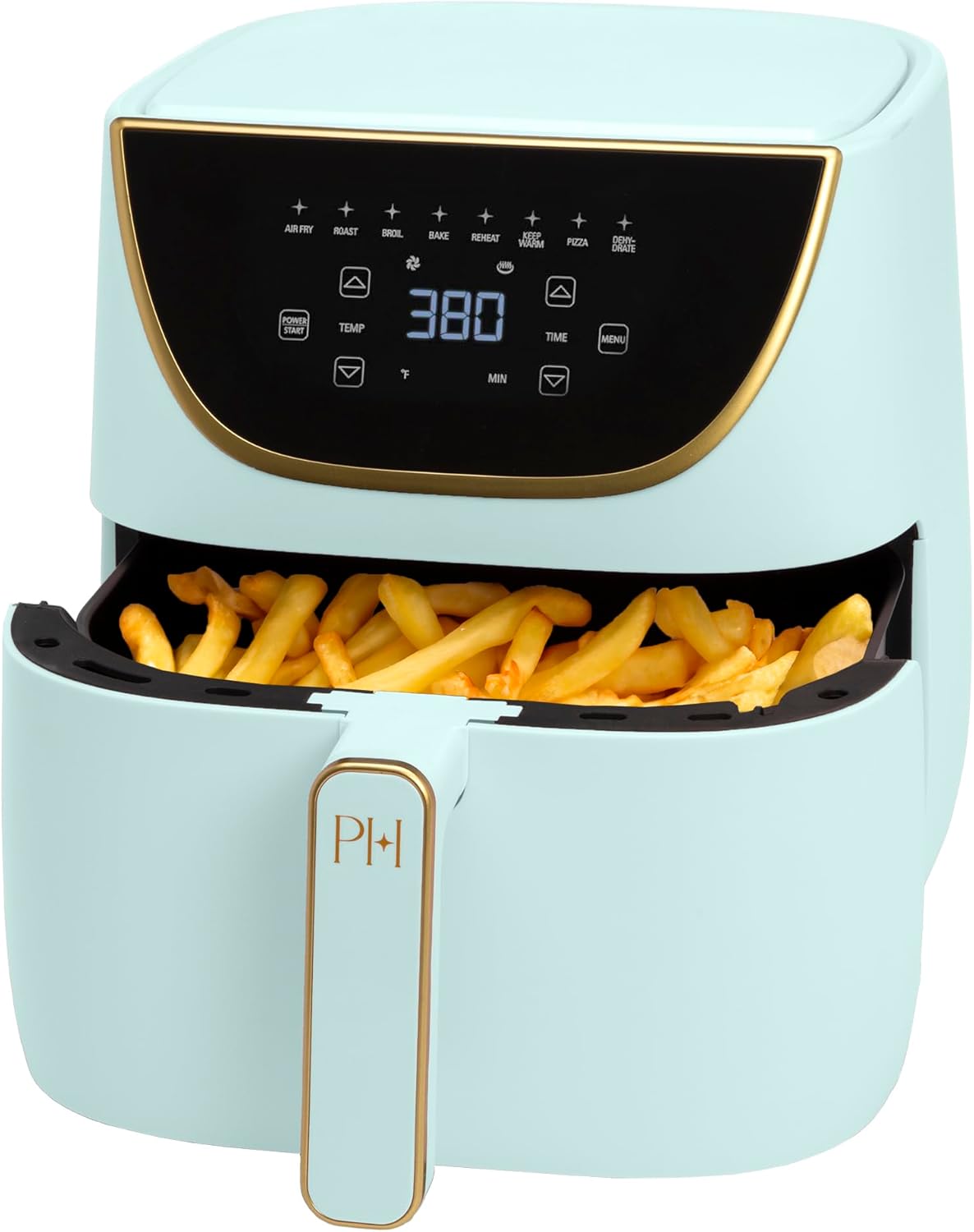 Paris Hilton Air Fryer, Large 6-Quart Capacity, Nonstick Made without PFAS, Touchscreen Display, 8-in-1 (Air Fry, Roast, Broil, Bake, Reheat, Keep Warm, Pizza, Dehydrate), Dishwasher Safe, Aqua