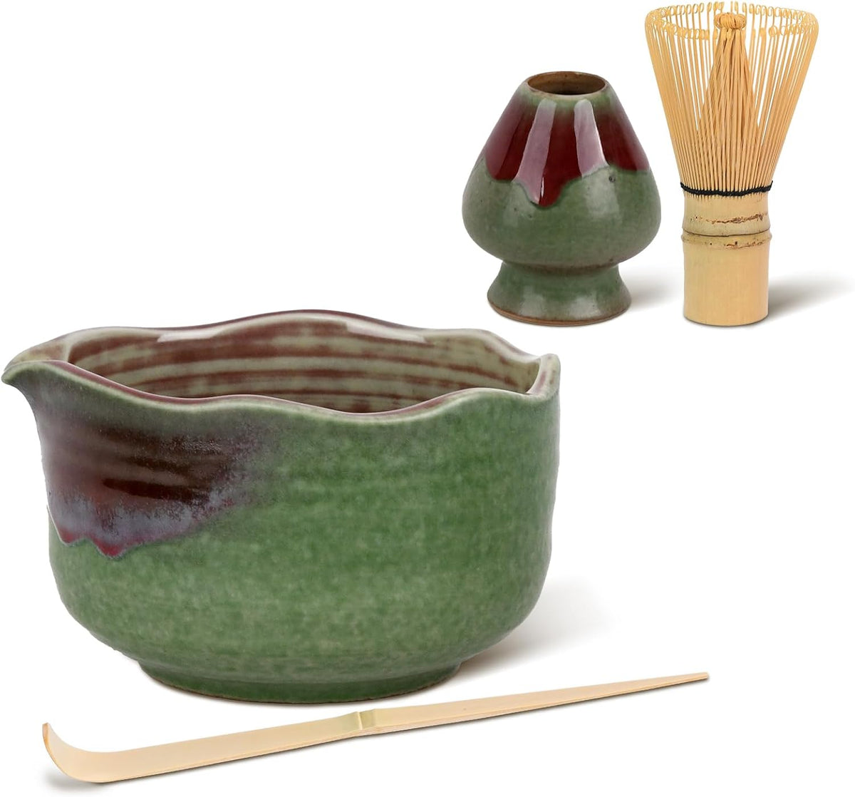 Pottery Matcha Set - Japanese Handcrafted Matcha Tea Bowl Mineral Glaze Bowl with Spout, Bamboo Whisk, Scoop & Chasen Holder | 4pc Tea Ceremony Kit for Matcha Lovers (Forest Glow)