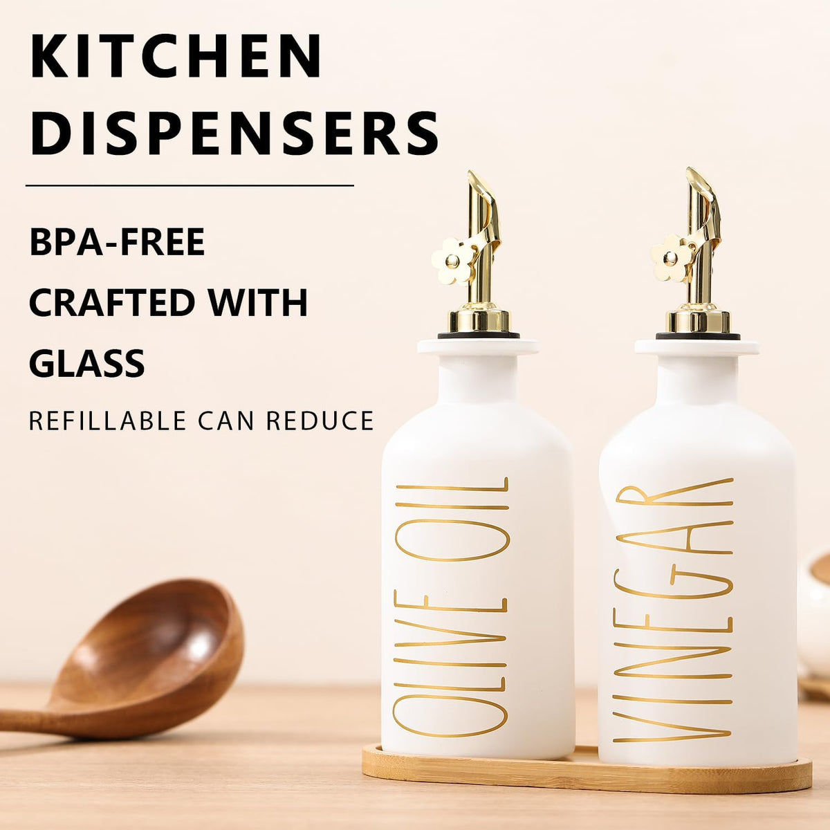 HOMCDALY Premium Olive Oil Dispenser for Kitchen, 11.8oz Glass Oil Bottles with Bamboo Tray, White and Gold Oil&Vinegar Cruet Set, Kitchen Dispenser Bottles with Pourer| Set of 2 (11.8oz –P–Gold)