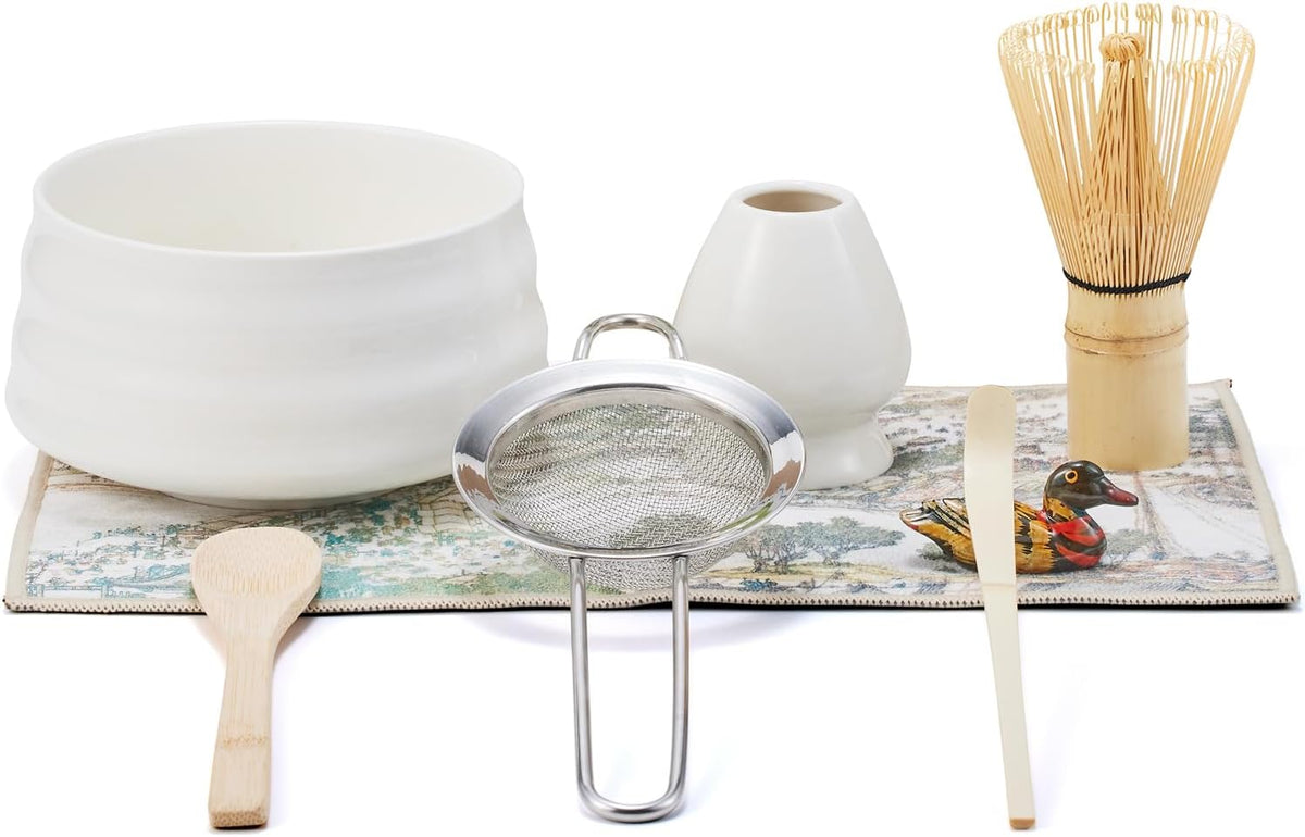 Japanese matcha set, matcha whisk and bowl, matcha sieve, matcha whisk holder, and matcha spoon - 8pcs Matcha Set (white)