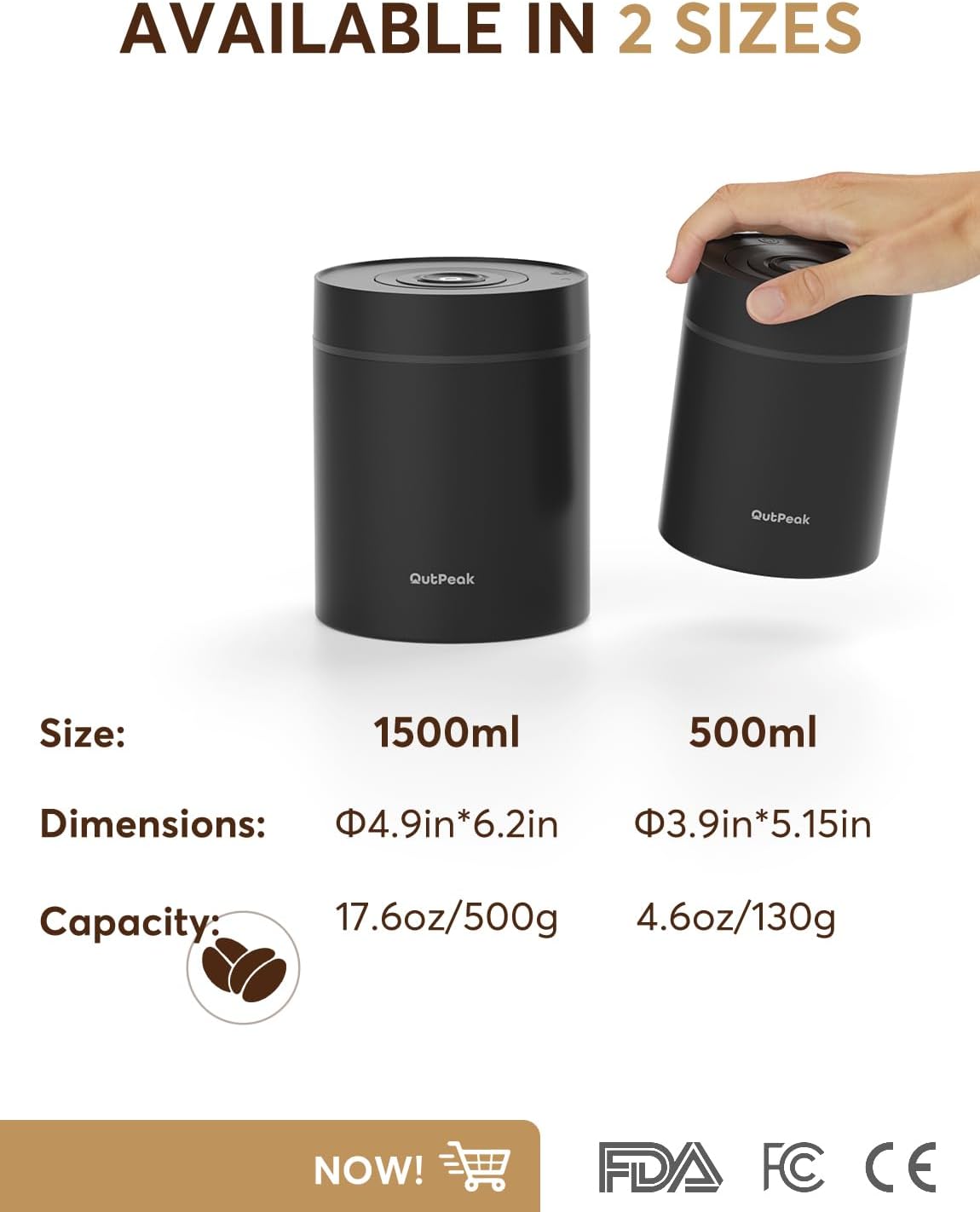 OUTPEAK Neo 2025 Auto Vacuum Coffee Canister, 0.5L for 4.6oz Coffee Beans, One-Button Operation, Small Airtight Coffee Canister with Scoop, Coffee Storage Container Stainless Steel (Champion's Choice)