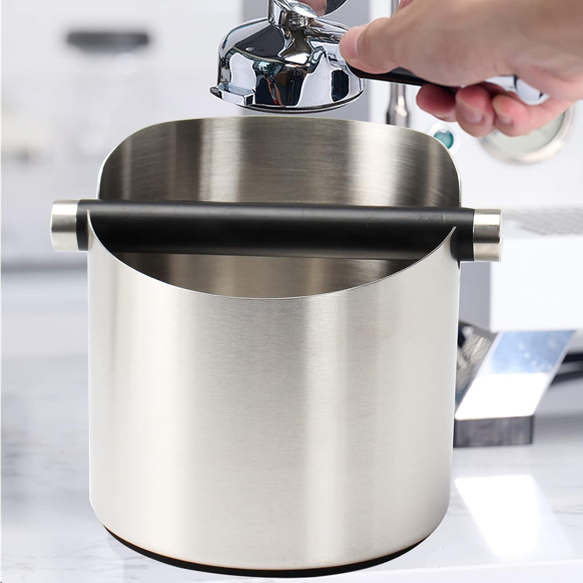 DIBTSA Coffee Knock Box, Espresso Knock Box Stainless Steel Espresso Machine Accessories with Removable Knock Bar and Non-Slip Base Coffee Grounds Container Bin, Large (Silver)