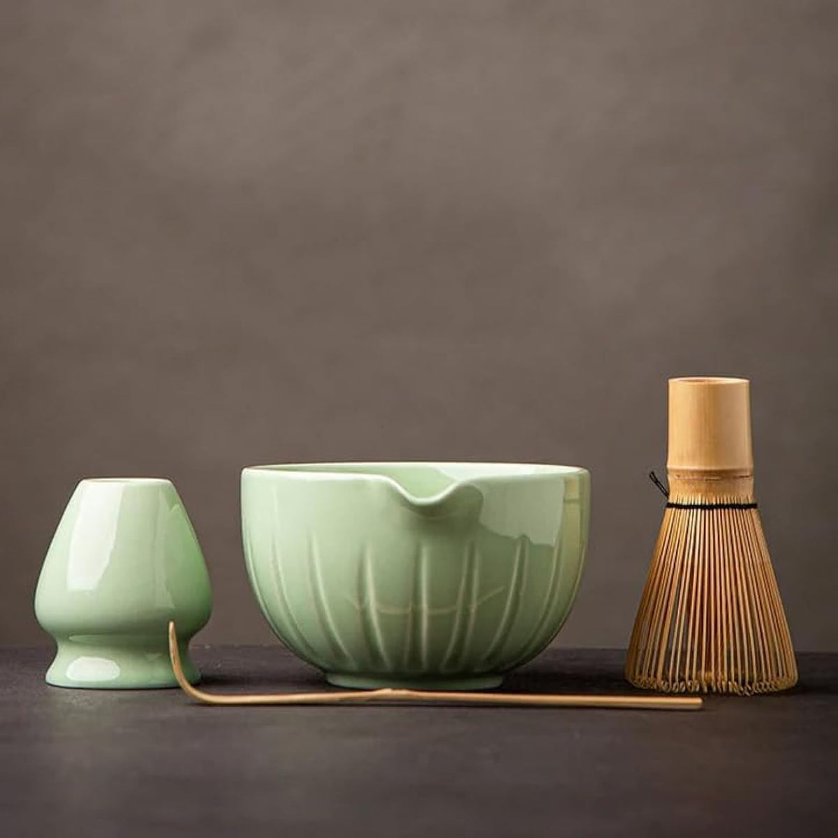 TANG PIN Matcha Set - Match Bowl with Spout and Whisk, 15 OZ, Matcha Scoop | Matcha Whisk Stand (Chasen Holder) - 4pc Perfect Matcha Kit for Matcha Tea Ceremony (Green)