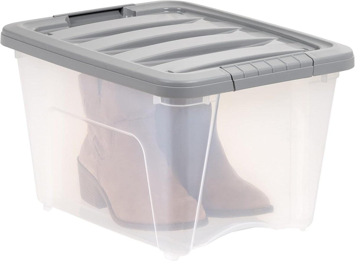 Amazon Basics Plastic Storage Containers with Secure Latching Lids, Stackable Organization Bins, Clear/Grey, 19 Quart, Set of 6