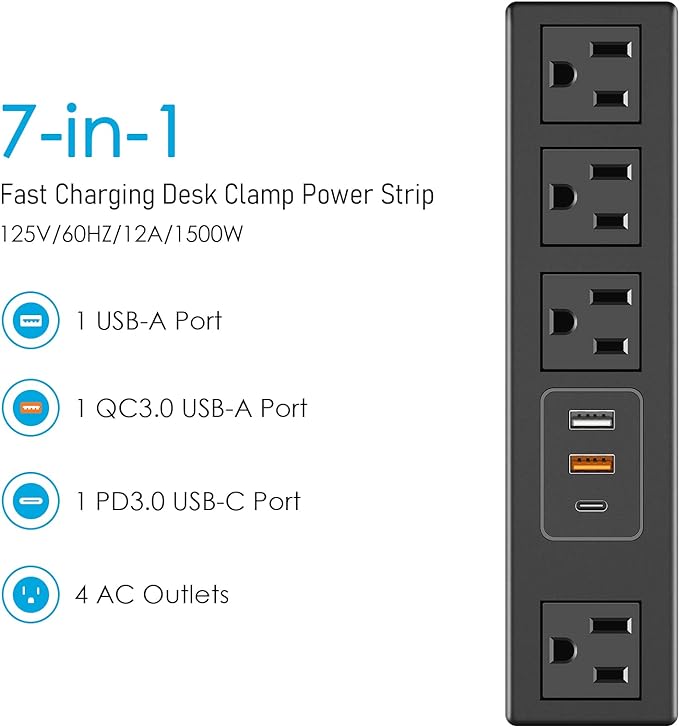 CCCEI Desk Clamp Power Strip with USB-A and USB-C Ports, Desktop Mount Surge Protector 1200J, Widely Spaced Desk Outlet Station, Fast Charging, 3 FT Flat Plug, Fit 1.9 inch Tabletop Edge.