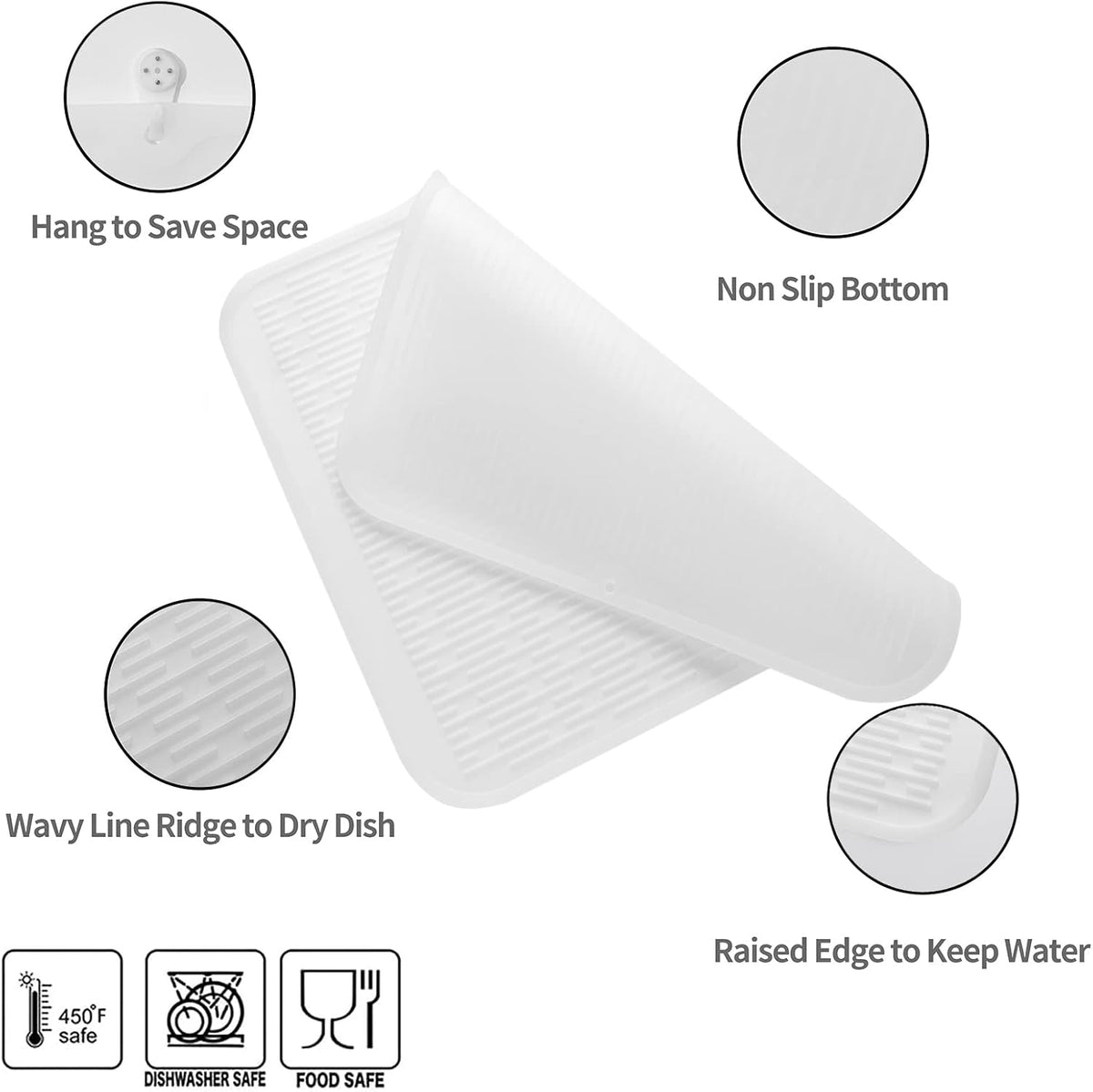 Silicone Dish Drying Mat for Multiple Usage,Easy clean,Eco-friendly,Heat-resistant Silicone Mat for Kitchen Counter or Sink,Refrigerator or Drawer Liner Translucent XL 18 inches x 16 inches
