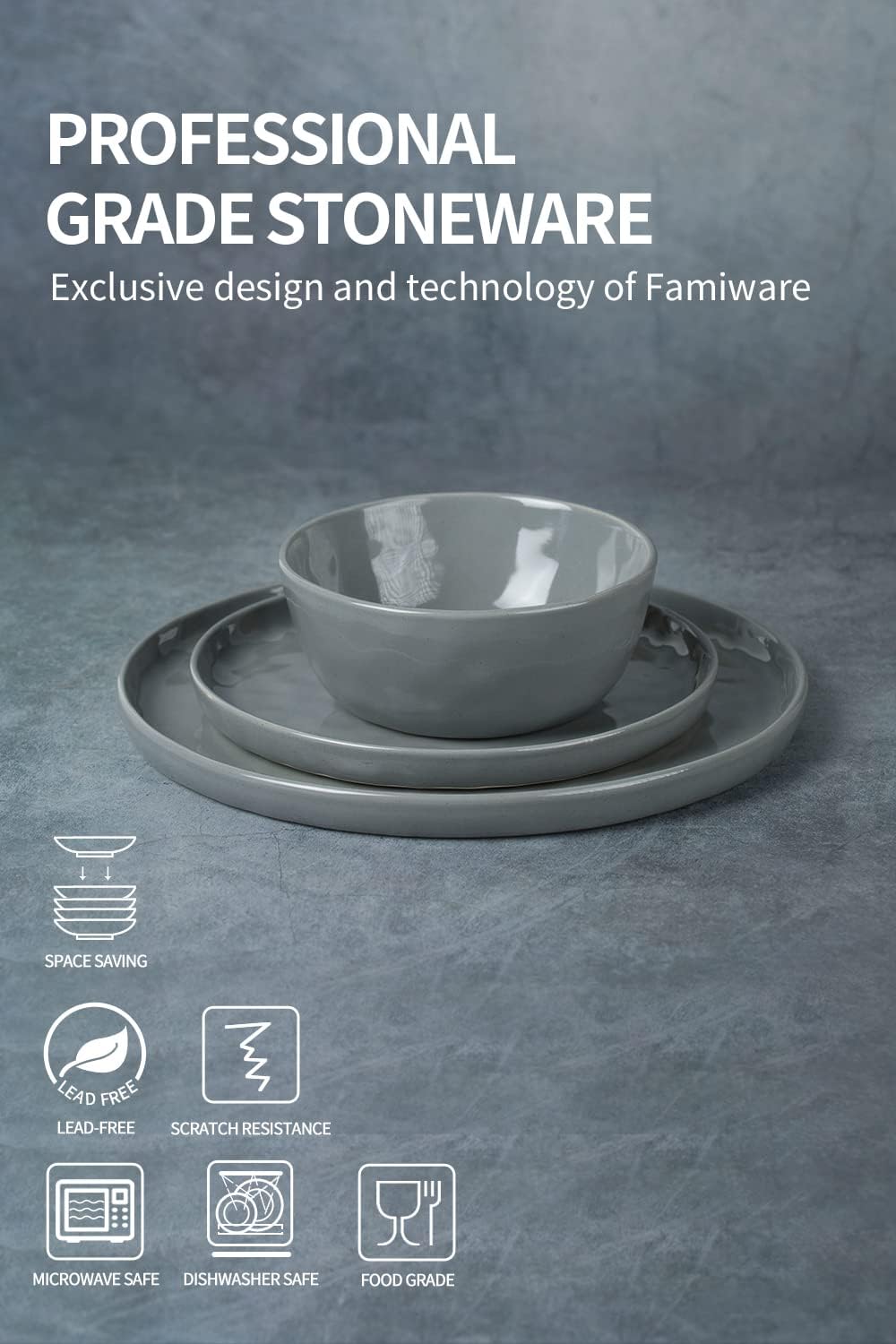 Famiware Mars Plates and Bowls Set, 12 Pieces Dinnerware Sets, Dishes Set for 4, Dark Gray