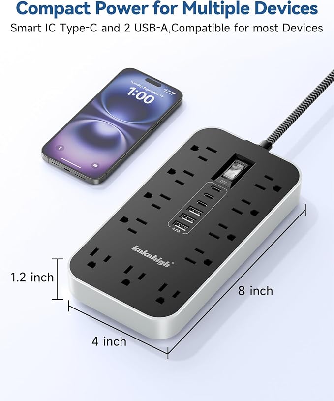 Flat Plug Extension Cord with Multiple Outlets- 5 FT USB Power Strip, 1625W AC Extension Cord with 11 AC Outlet 6 USB (24W/4.8A), Desk Charging Station for Home, Office, Dorm, Gaming Room Essentials
