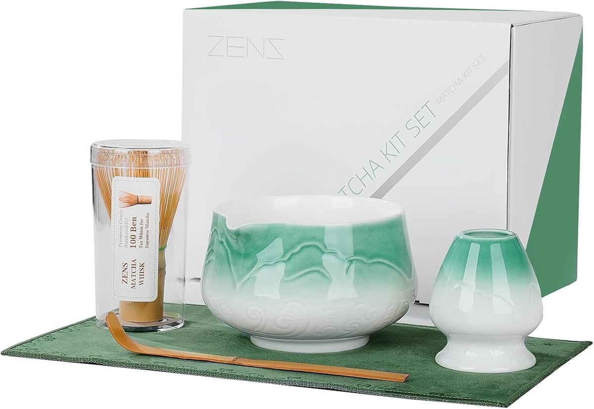 ZENS Matcha Whisk Set, Ceramic Matcha Set Includes Matcha Bowl, Matcha Whisk and Holder, Bamboo Scoop & Tea Towel - 5Pcs Matcha Kit for Matcha Ceremony, Blue