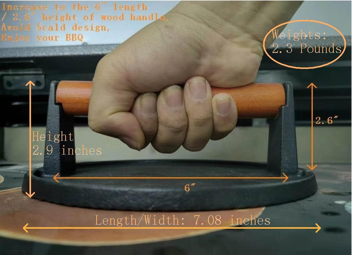 Cast Iron Grill Presses with Wood Handle (Round & Rectangle w Flat Bottom)