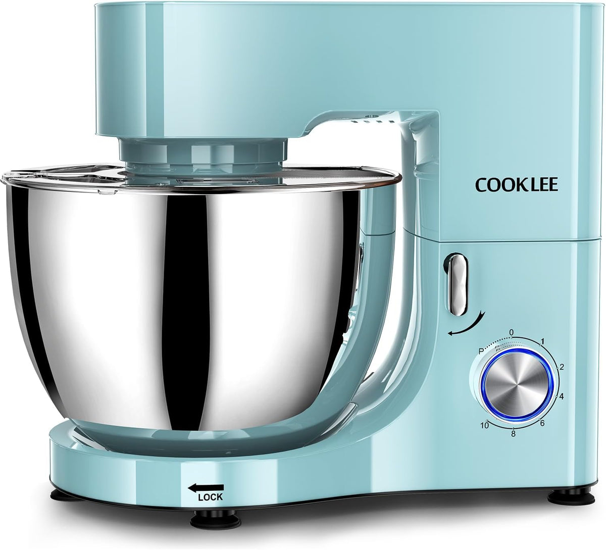 COOKLEE Stand Mixer, 9.5 Qt. 660W 10-Speed Electric Kitchen Mixer with Dishwasher-Safe Dough Hooks, Flat Beaters, Wire Whip & Pouring Shield Attachments for Most Home Cooks, Blue