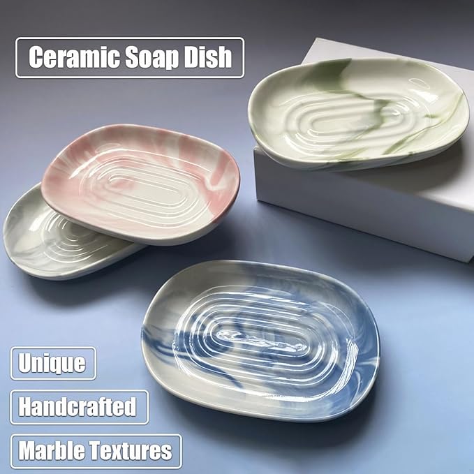 Soap Dish Ceramic, Decorative Ceramic Soap Holder with Unique Marble Textures, Bar Soap Holder for Shower, Bathroom, Kitchen, Tubs, Sink, Hotels, Counters (Gray Texture)