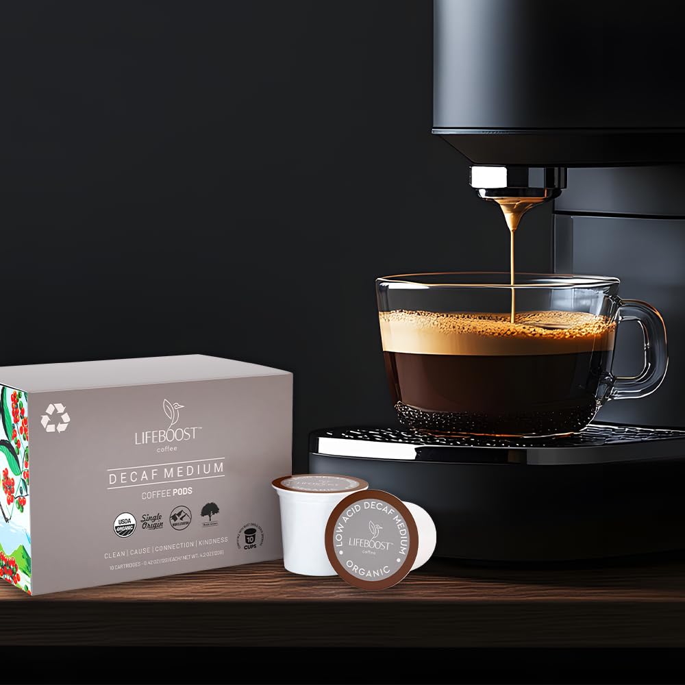Lifeboost Organic Decaf Coffee K Cups - Low Acid Single Origin Non-GMO Mold Free Decaf Coffee Pods Compatible with Keurig & Keurig 2 - No Mycotoxins or Pesticides - 10 Count