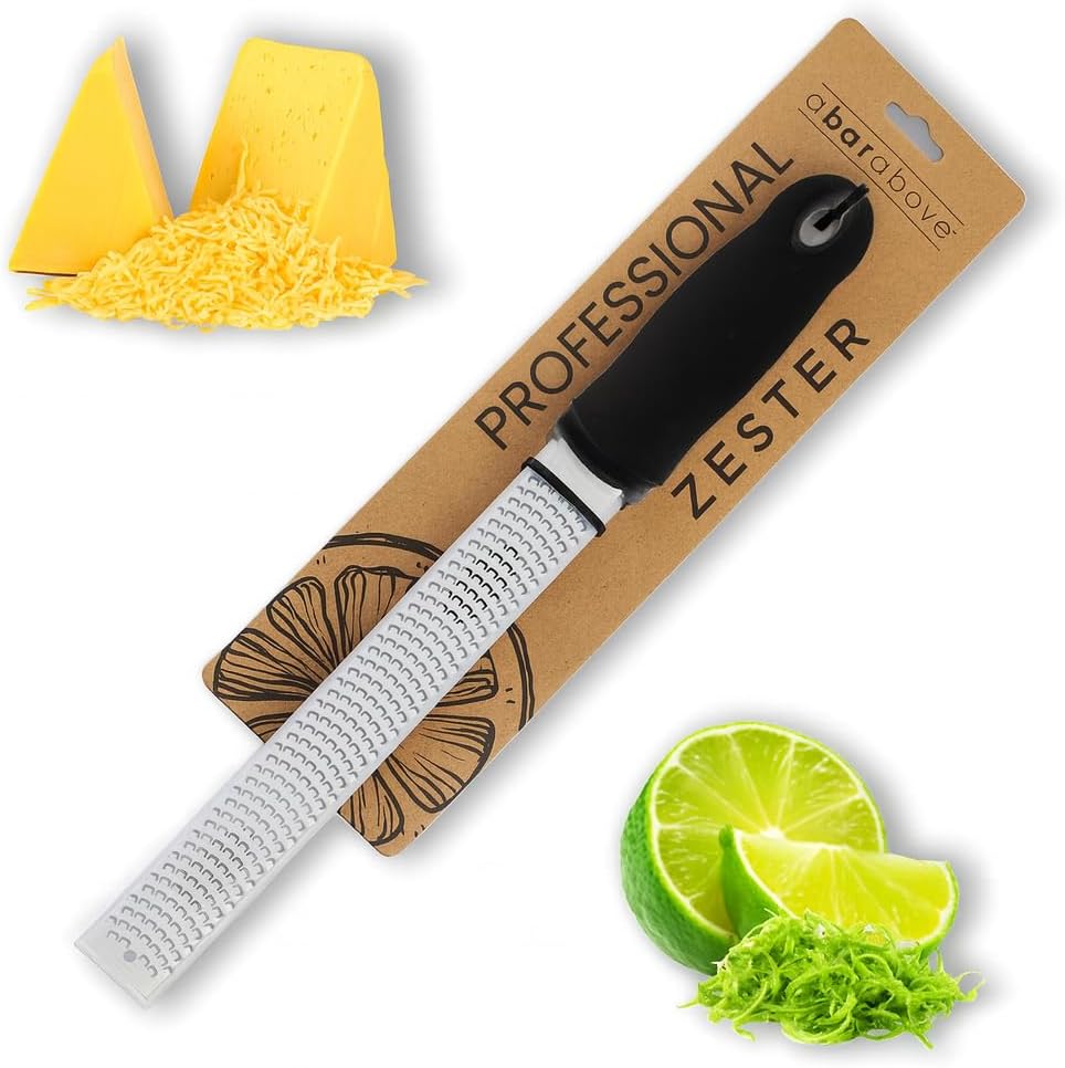 Cheese Grater & Lemon Zester A Bar Above 12” Chef-Grade Stainless Steel Rasp, Sharp Citrus Zester for Lemon, Lime, Ginger, Garlic, Parmesan & Hard Cheese, Professional Kitchen & Cocktail Garnish Tool