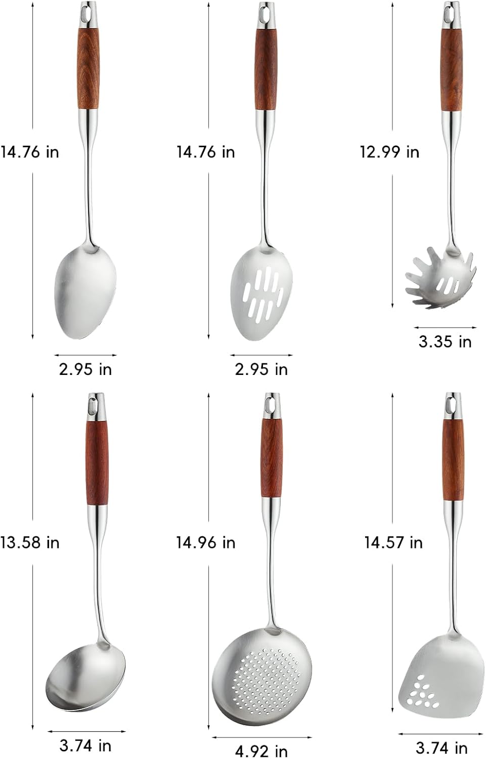 Stainless Steel Kitchen Utensils Set with Wood Handle, 18/10 Metal Cooking Utensils Set, 6-Piece - Spatula, Spoon, Ladle, Skimmer, Slotted Spoon, Pasta Server (Dishwasher Safe)