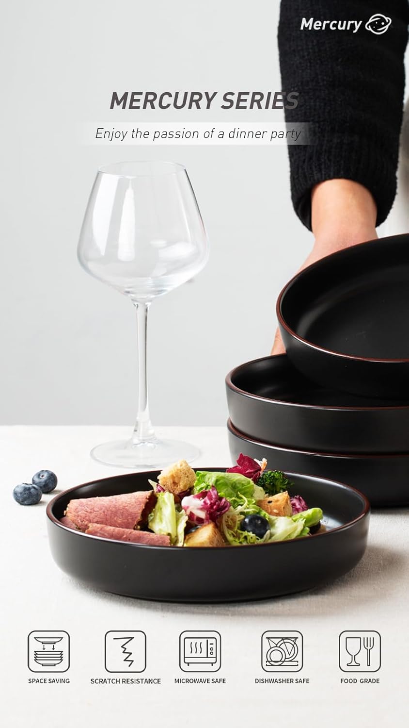 famiware Mercury Pasta Bowls Set of 4, 33 oz Large Salad Bowls, Ceramic Pasta Plates Bowls, Serving Bowls for Kitchen, Microwave & Dishwasher Safe, Black