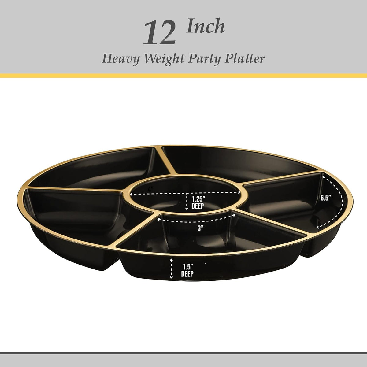Plasticpro 6 Sectional Round Plastic Serving Tray/Platters Black & Gold Pack of 4