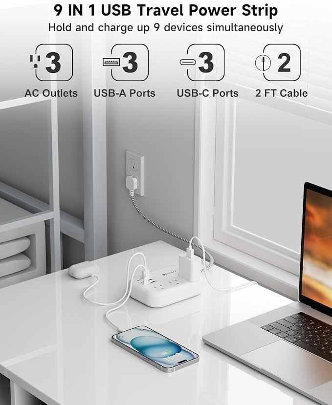 Short Extension Cord 2 Foot- 6 USB(3 USB C) Travel Power Strip with 24W USB Charging Station and 3 Outlets, 2ft Small Flat Plug Extension Cord Surge Protector for Travel Home College Dorm 13A