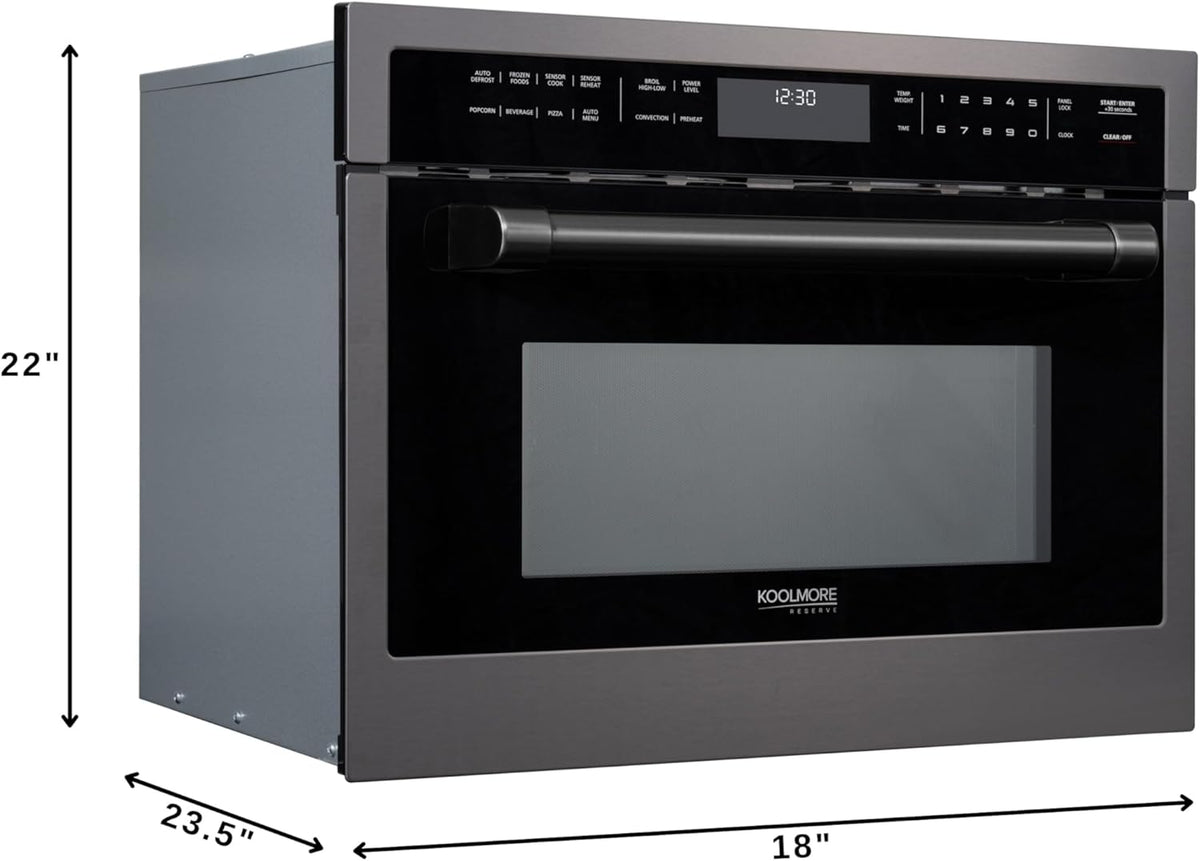 KoolMore Reserve 24 in. 1.6 cu. ft. Built-in Convection Microwave Oven with Air Fryer, 10 Power Levels, Sensor Cooking, Bake, Roast, Broil, Defrost, 1750 Watts, UL Certified in Black Stainless-Steel