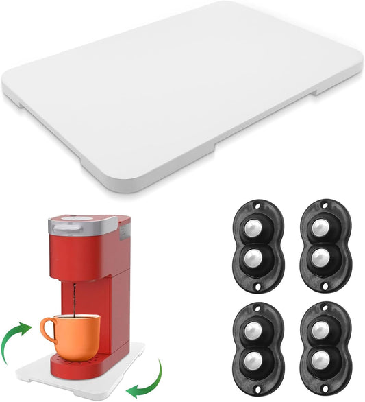 Appliance Slider 360° Rolling Tray for Coffee Maker- Bamboo Coffee Pot Slider Tray Countertop Rotation Sliding Tray with Wheels, Small Appliances Mat Easily from Under The Cabinet White(13.9"×9.4")