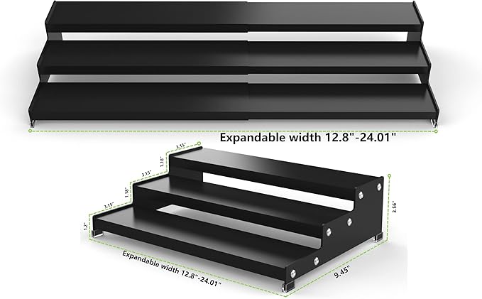 Spice Rack Organizer 3 Tier Expandable Display Shelf(12.8"-24.01" W) Non-Skid Heavy Duty Sturdy Metal Iron Alloy Steel Step Racks 1 Pack/Black
