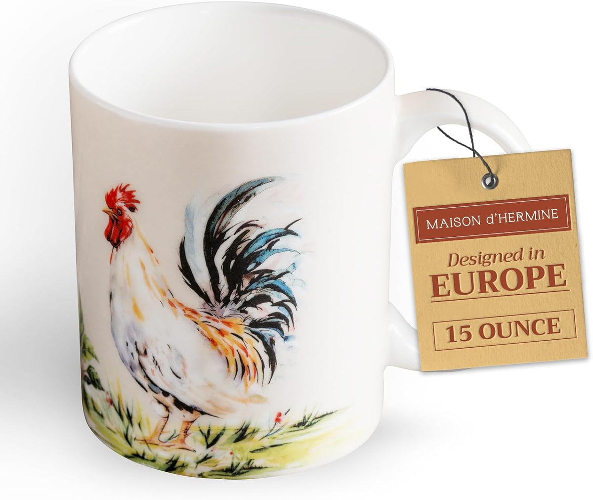 Maison d' Hermine Coffee Mug with Handles Fine Bone China Mugs Pack of One Tea Cups for Hot Beverages Cappuccino Latte Home Restaurant Office Perfect for Gift (Campagne - Coq, 15 Ounce)