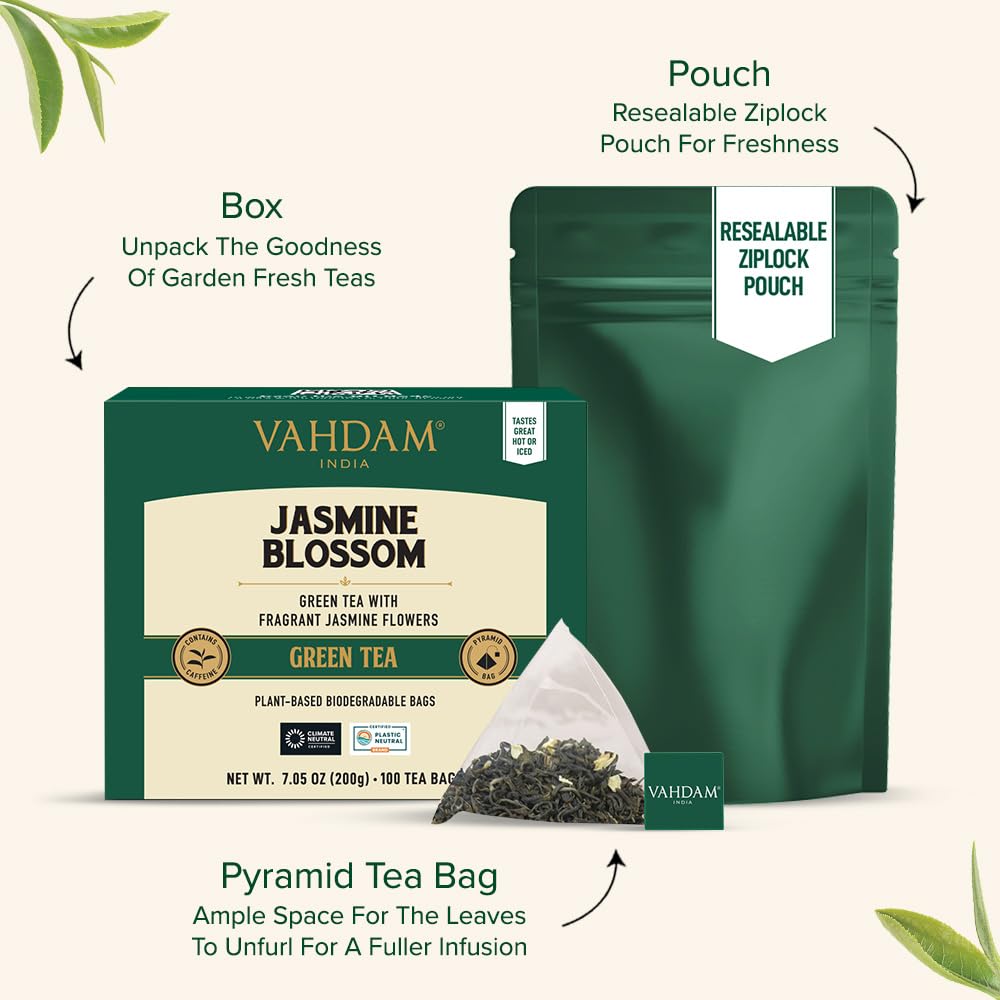 VAHDAM, Jasmine Green Tea Bags (100 Count) Med Caffeine, Non GMO | High Grown Green Tea Blended w/Pure Jasmine Flowers | Resealable Ziplock Pouch