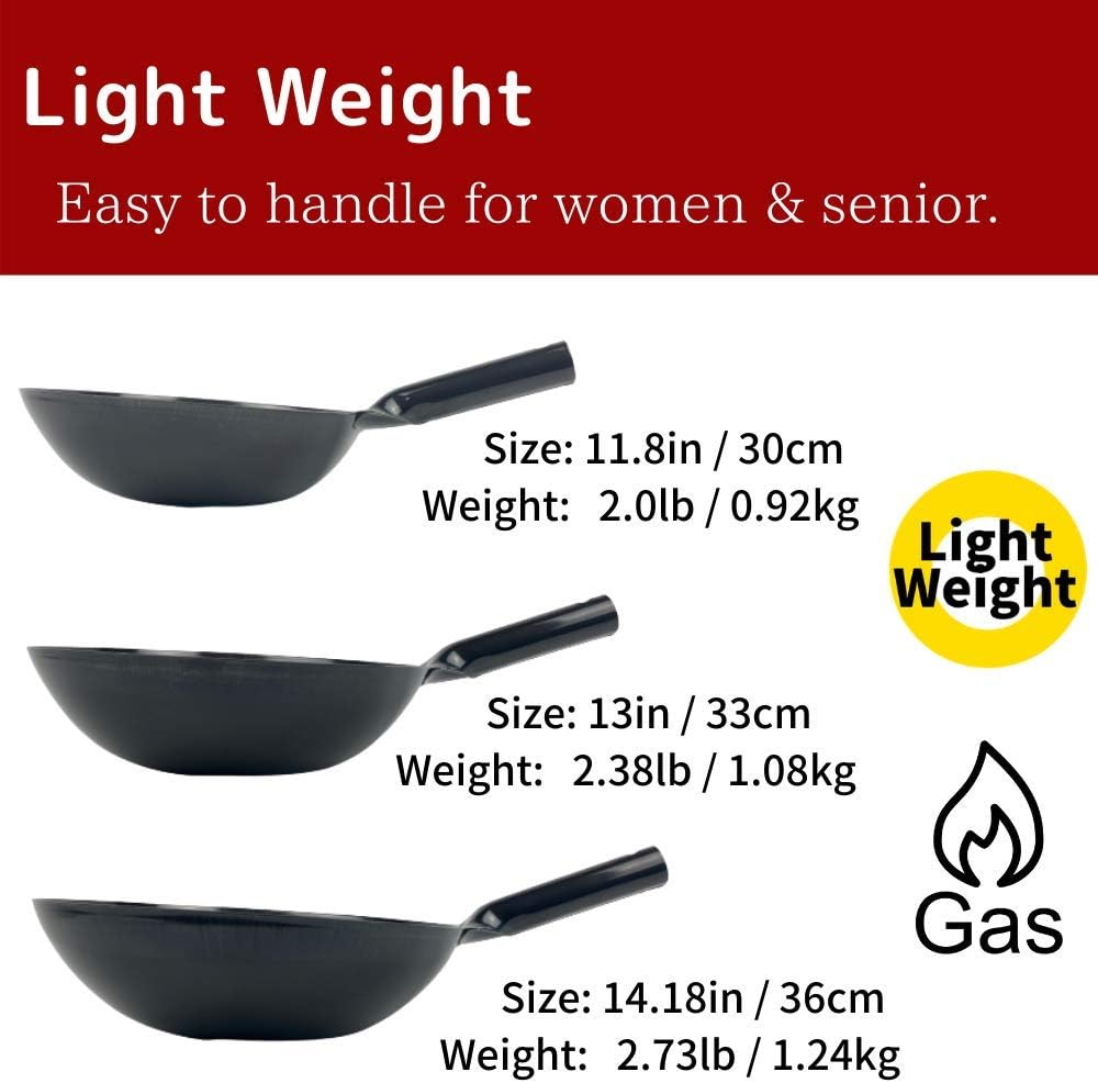 [Made in Japan] SOONEAR KOTE2 Light Weight Carbon Steel Wok 14 1/4" 2.73lb(30% less) Gas Fire Round Bottom Carbon Steel Handle No Rivets