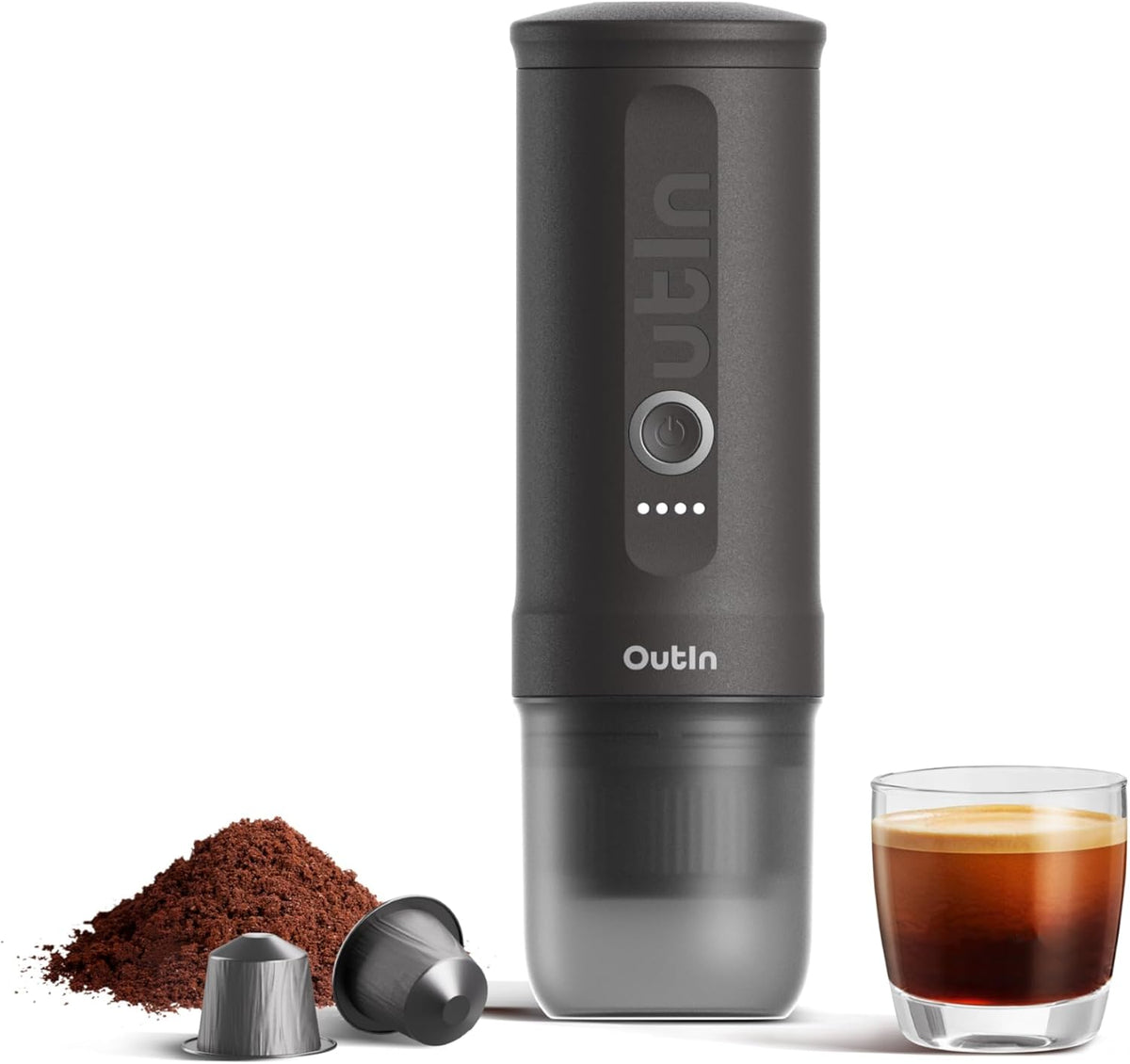 OutIn Nano Portable Electric Espresso Machine, Travel Coffee Maker for Camping, Car Coffee Maker Self-Heating with USB-C, With Ground Coffee & NS Capsule for RV, Hiking, Office
