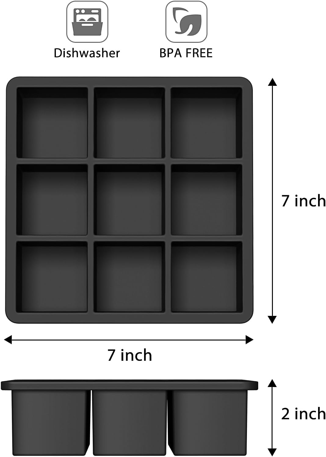WonderWorld Ice Cube Tray, 9 Portions Gaint Silicone Freezer Tray with lids, 2 Inch Big Ice Maker for Whishkey, 2 pack