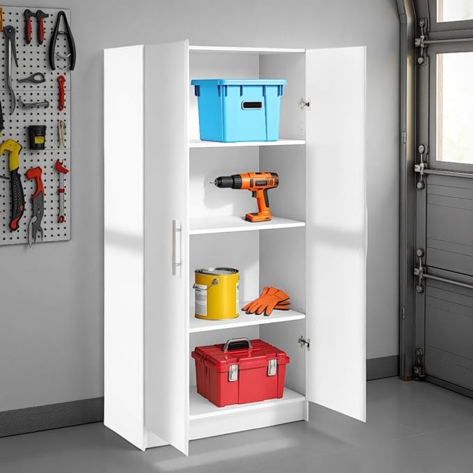Prepac Elite Tall Garage Storage Cabinet & Pantry Storage Cupboard, 2-Door Freestanding Bathroom or Pantry Cabinet with Adjustable Shelves, 16" D x 32" W x 65" H, White