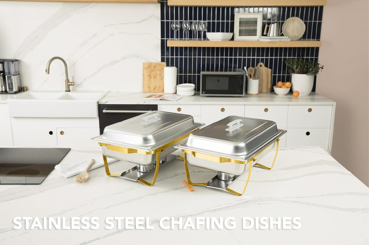4 Pack 8QT Chafing Dish Full Set – Stainless Steel Catering Chafer with Lids, Pans & Fuel Holders – Buffet Food Warmers for Parties, Events & Weddings – Gold Frame