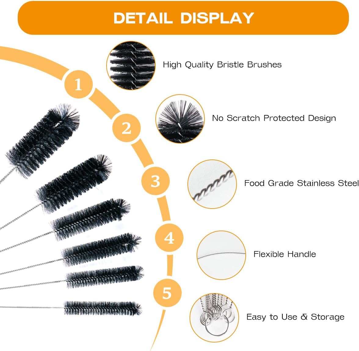 Straw Cleaner Brush Set,6 Piece 12" Long Pipe Tube Bottle Brushes for Cleaning Narrow Neck Bottles,Coffee Maker,Glass Cups