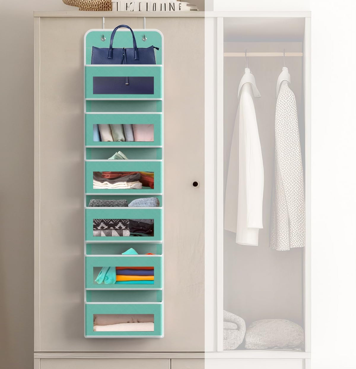Simple Houseware 6 Clear Window Pocket Over Closet Door Storage Hanging Organizer for Bedroom, Bathroom, Pantry, Turquoise
