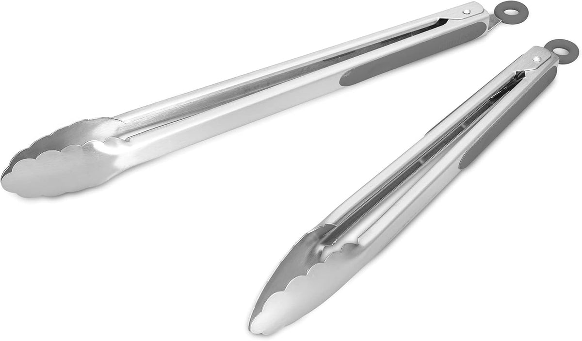304 Stainless Steel Kitchen Cooking Tongs, 12" and 14" Set of 2 Sturdy Grilling Barbeque Brushed Locking Food Tongs with Ergonomic Grip, Grey