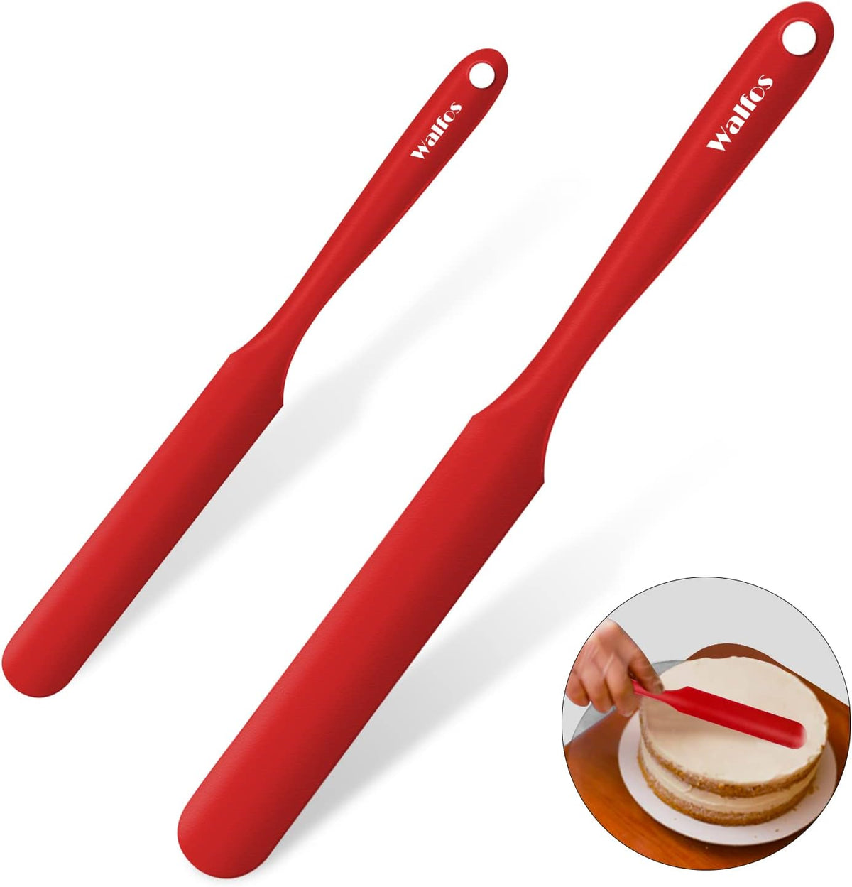 Walfos Silicone Jar Spatula - High Heat Resistant Kitchen Spatulas(450°F）,Cake Cream Butter Spatulas, for Cooking Mixing -BPA Free and Dishwasher Safe Mixing Batter Scraper Spatula, Red(2pcs)