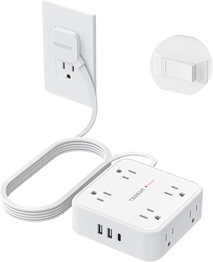 TESSAN 10 Ft Flat Plug Extension Cord with Multiple Outlets, Surge Protector Power Strip with 3 USB(1 USB C) 8 Outlets, 900J Protection, Desk Charging Station for Home, Dorm Room Essentials, White