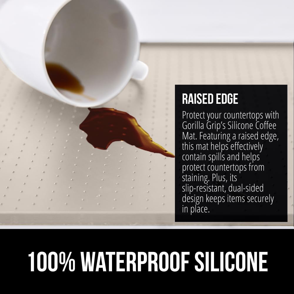 GORILLA GRIP Silicone Coffee Mat, Espresso Drink Bar Station Accessories, Waterproof Heat-Resistant Dish Drying Mats, Stay in Place on Kitchen Counter, Home Kitchen Decor Essentials, 11.5x18.5, Almond